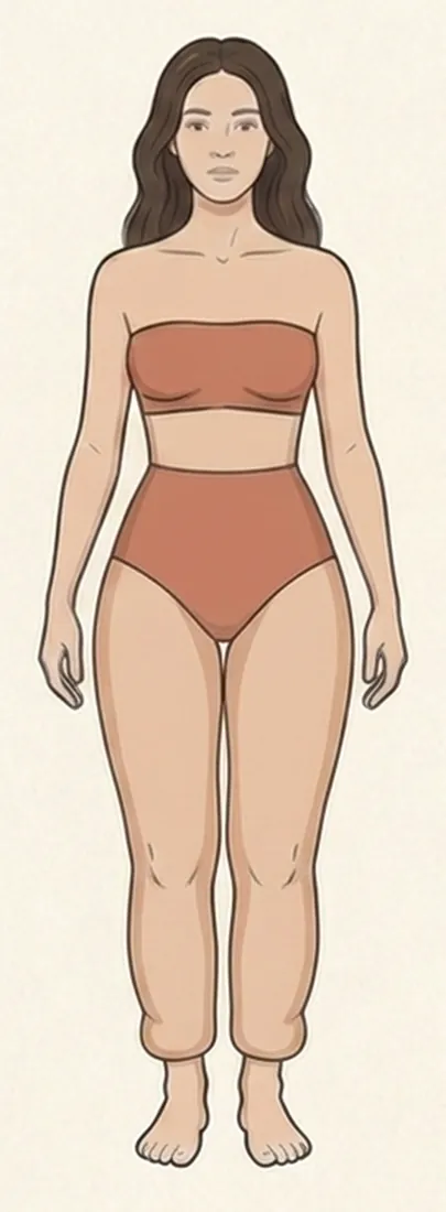 Illustration einer Frau mit Lipödem: schlanker Oberkörper, beide Beine gleichmäßig voll, die Fülle endet mit einer weichen Wulst direkt über dem Knöchel — Knöchel und Füße bleiben schlank.