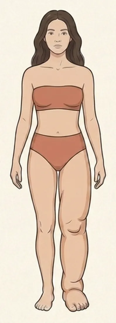 Illustration derselben Frau mit Lymphödem: nur ein Bein ist geschwollen, durchgehend von Oberschenkel bis in den Fuß, das andere Bein ist unverändert.