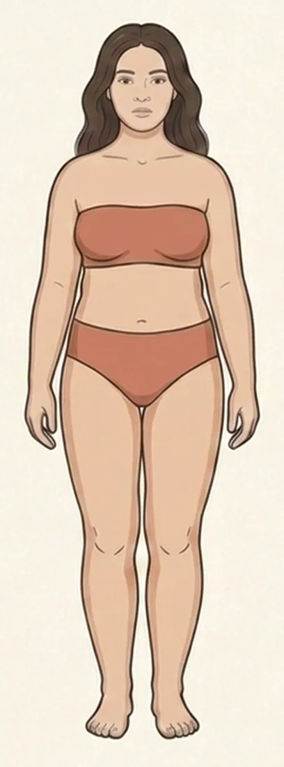 Illustration derselben Frau mit Übergewicht: der ganze Körper ist gleichmäßig voller, Knöchel und Füße sind unauffällig.