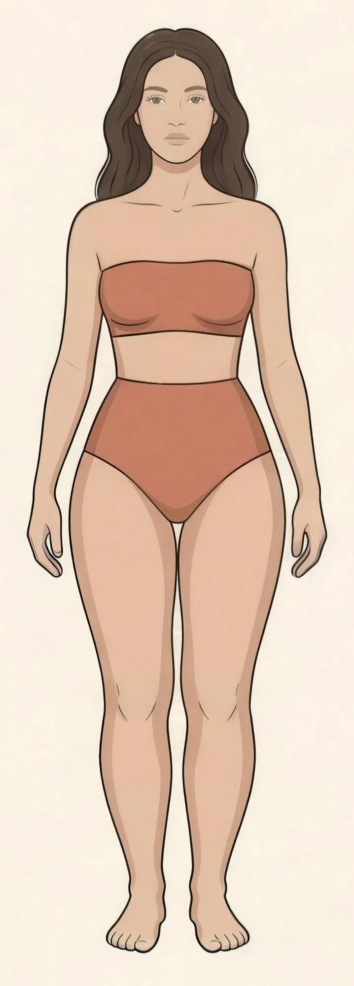 Illustration einer Frau im ersten Stadium: Oberkörper schlank, Hüften, Oberschenkel und Waden mäßig voll, die Hautoberfläche ist glatt und eben, Knöchel und Füße bleiben schlank.