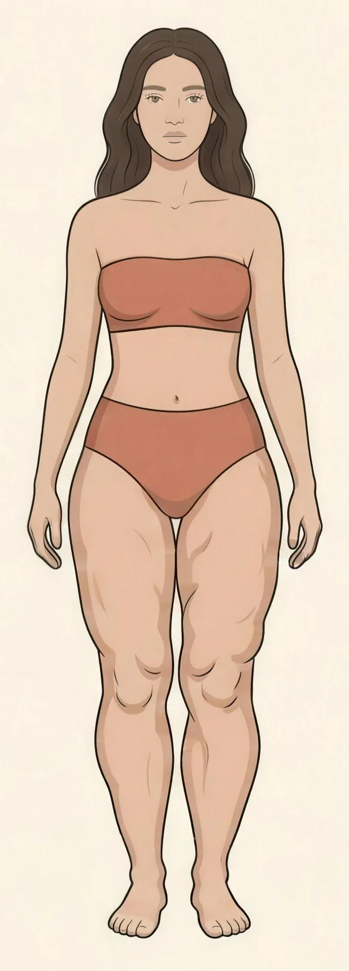 Illustration einer Frau im zweiten Stadium: die Beine sind deutlich voller, die Oberfläche ist wellig und uneben, an den Knieinnenseiten haben sich Polster gebildet. Knöchel und Füße bleiben schlank.