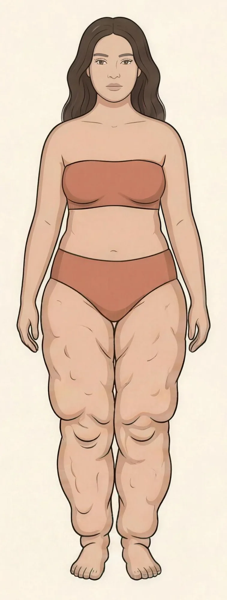 Illustration einer Frau im dritten Stadium: die Beine sind deutlich schwerer, überhängende Gewebewülste liegen über den Knien und oberhalb der Knöchel, die Oberfläche ist grob und unregelmäßig. Knöchel und Füße bleiben auch hier schlank.
