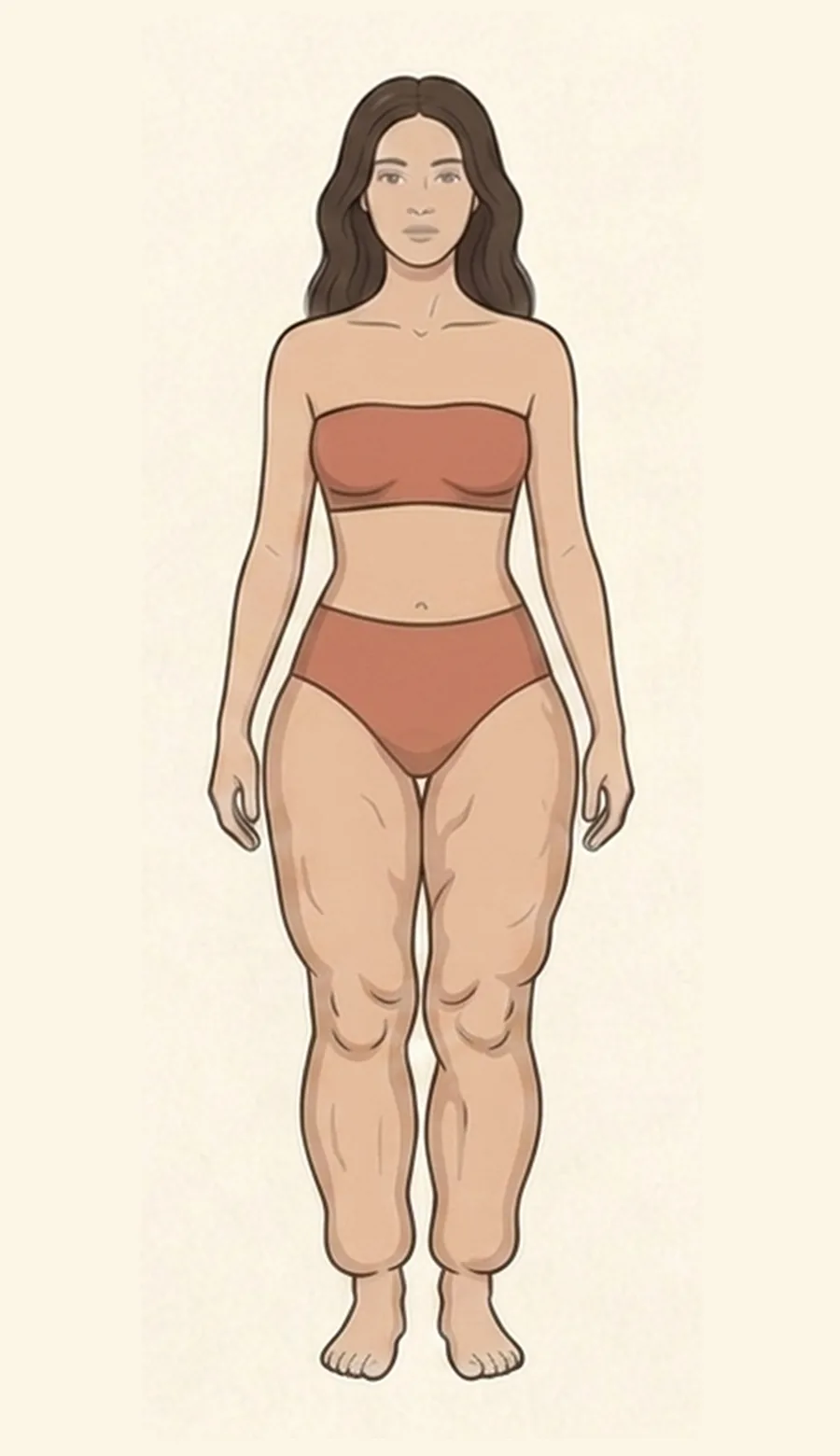 Illustration einer Frau von vorn: Hüften, Oberschenkel und Waden sind beidseits voll, die Fülle endet über den Knöcheln, Füße bleiben schlank. Die Arme sind unauffällig.