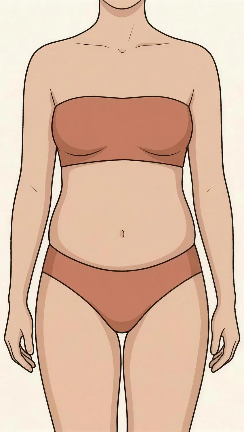 Illustration eines Rumpfes von vorn: die Bauchdecke ist gleichmäßig gerundet, die Kontur verläuft durchgehend glatt ohne Falte und ohne Überhang.