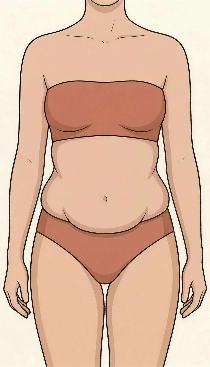 Illustration eines Rumpfes von vorn: die Silhouette ist insgesamt schmal, aber ein klar abgegrenztes Polster sitzt über dem Bund, mit sichtbarer Kerbe darüber.