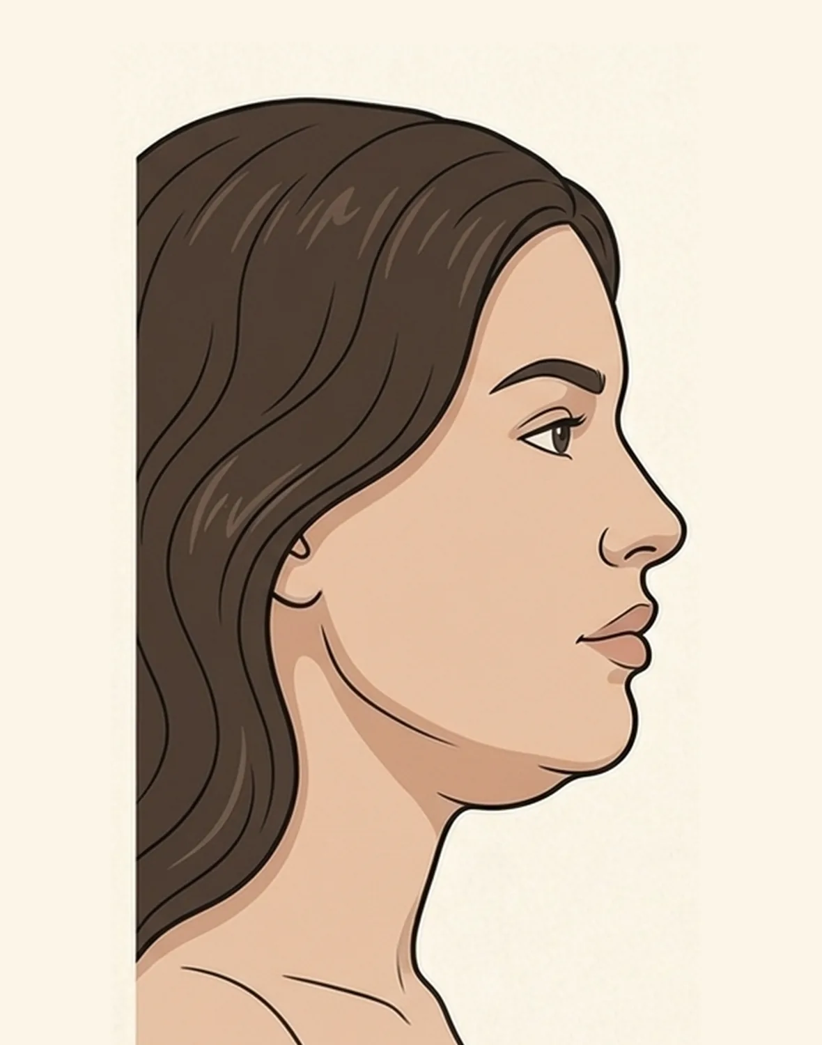 Illustration eines Profils: unter dem Kinn liegt ein volles, glatt gespanntes Polster, die Kieferlinie darüber ist noch als Kante erkennbar.