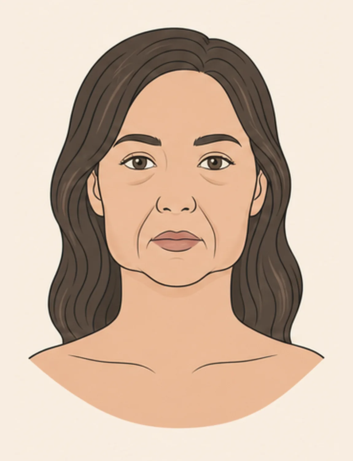 Illustration eines Gesichts von vorn: die Wange unter dem Auge wirkt flach, das Volumen ist nach unten gerutscht und hat sich neben Nase und Mund gesammelt, wo eine tiefe Falte verläuft. Kieferlinie und Hals sind straff.